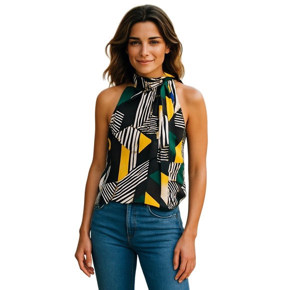 Ember Black and White Asymmetrical Tie Front Blouse - Picture 1 of 6
